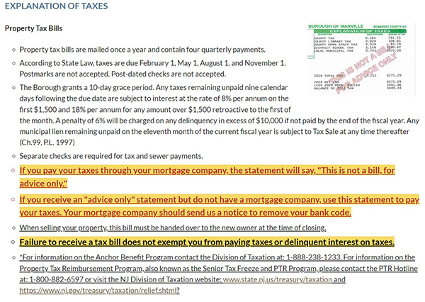 Borough of Manville Website Regarding Property Taxes